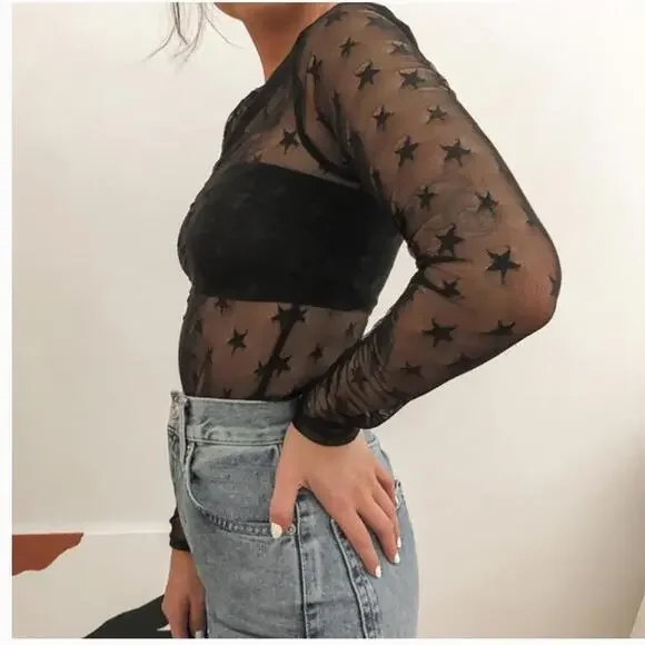 Zara Long Sleeve Stars Overlay Mesh Shirt - Picture 2 of 6